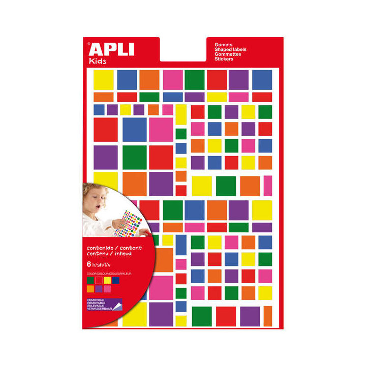 Apli Gomets Cuadrados Adhesivo Removible - Tamaños Surtidos - 732 Gomets por Bolsa - Desarrollo de Habilidades y Creatividad -