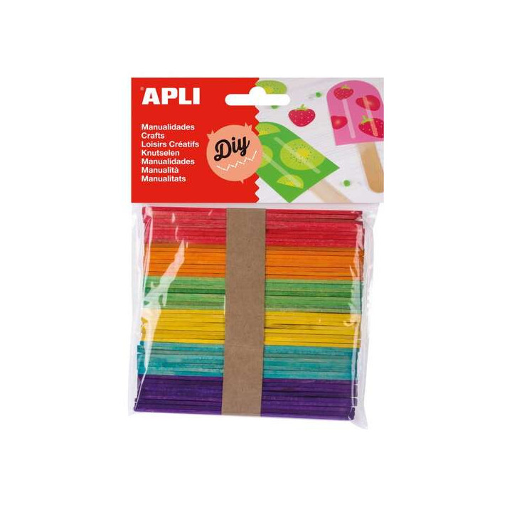 Apli Pack de 50 Palos Polo de Madera Natural 114 x 10 mm - Colores Surtidos