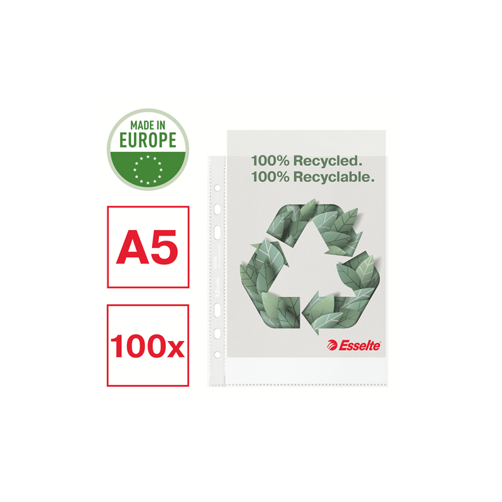 Caja 100 fundas polipropileno multitaladro reforzada piel naranja a5 recycle 70 micras esselte 627495