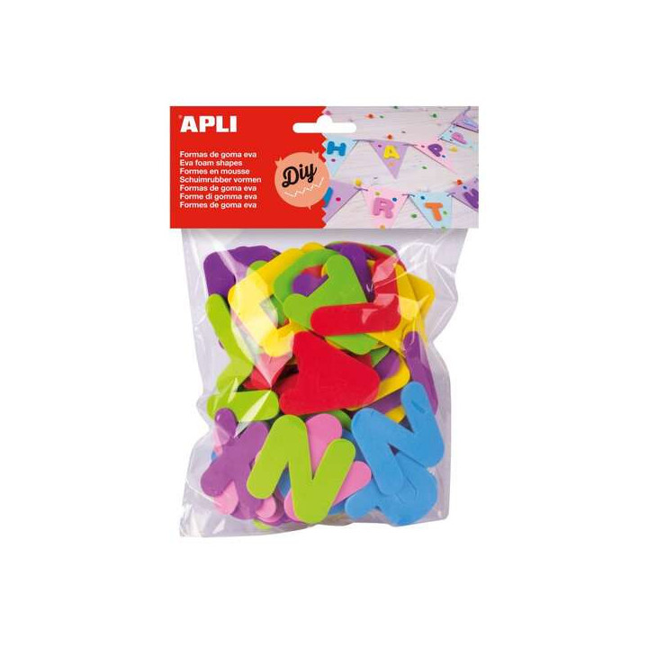 Apli Formas de Letras Goma Eva - 104 Formas - Altura 50mm Aprox. - Material Suave y Seguro - Colores Surtidos