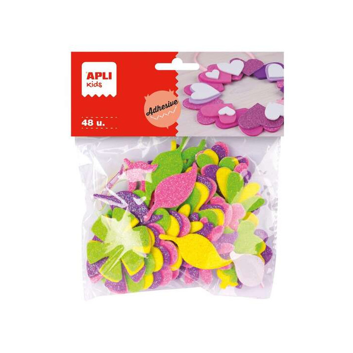 Apli Formas de Flor Adhesivas de Goma Eva - 48 Formas - Medidas Surtidas - Material Suave y Seguro - Colores Surtidos Purpurina