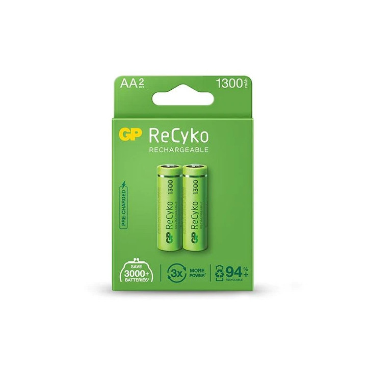GP ReCyko Pack de 2 Pilas Recargables 1300mAh AA 1.2V - Precargadas - Fabricadas con mas del 10% de Materiales Reciclados