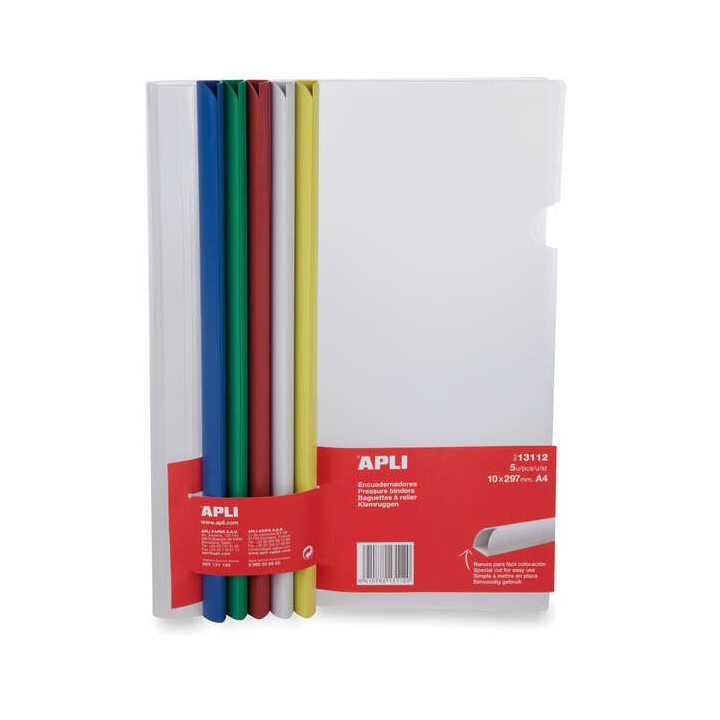 Apli Pack de 5 Encuadernadores Deslizantes 10x297mm - Capacidad de 100 Hojas - Con Funda Transparente - Ranura para Facil Inser
