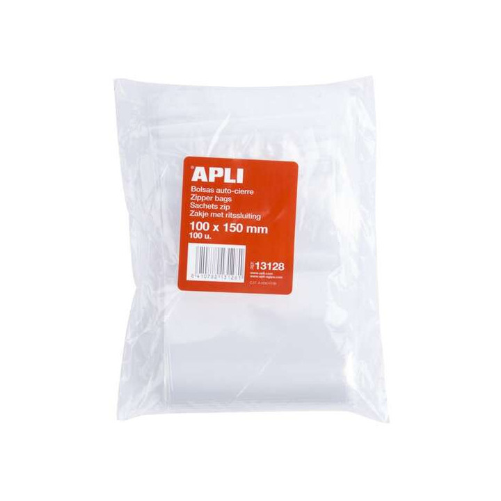 Apli Pack de 100 Bolsas de Auto Cierre 100 x 150 mm - Cierre Seguro - Aptas para Alimentos