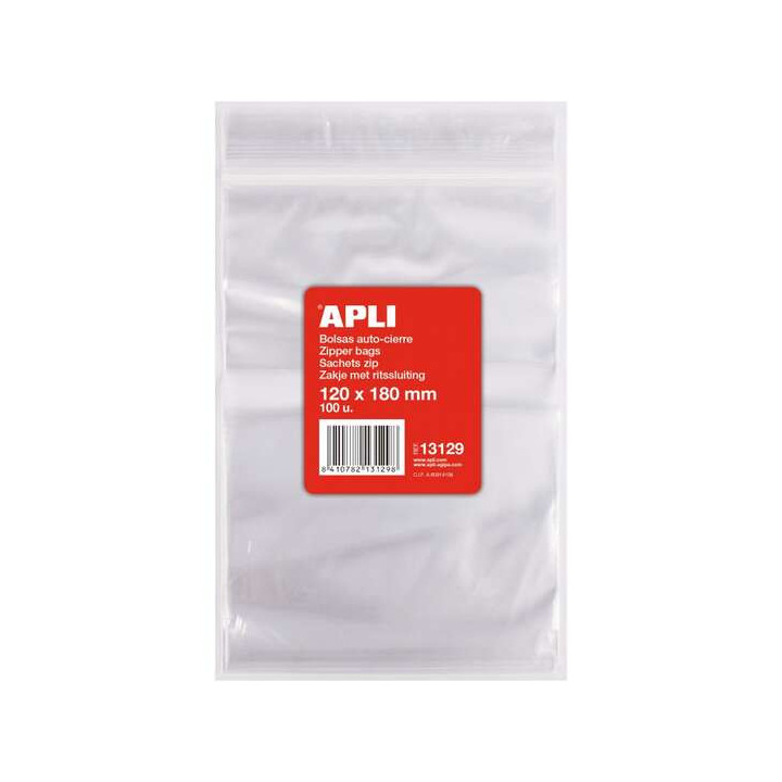 Apli Pack de 100 Bolsas de Auto Cierre 120 x 180 mm - Cierre Seguro - Aptas para Alimentos