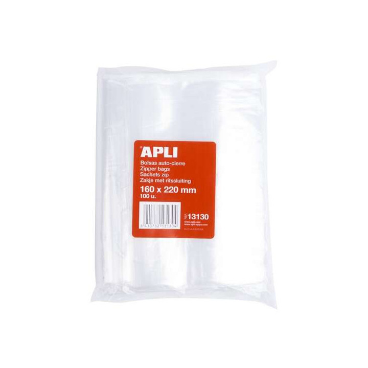 Apli Pack de 100 Bolsas de Auto Cierre 160 x 220 mm - Cierre Seguro - Aptas para Alimentos
