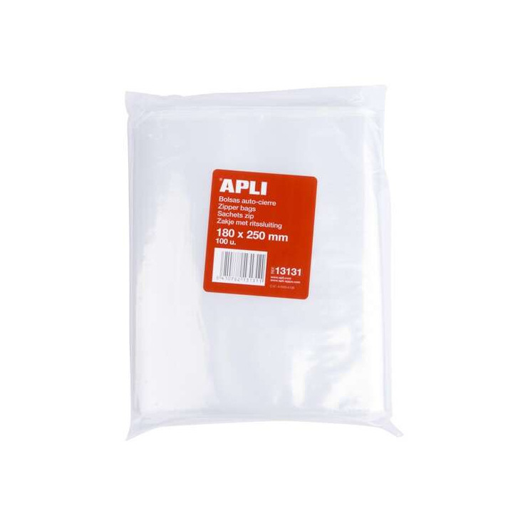 Apli Pack de 100 Bolsas de Auto Cierre 180 x 250 mm - Cierre Seguro - Aptas para Alimentos
