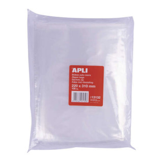 Apli Pack de 100 Bolsas Zip Auto Cierre Transparentes 220x310mm - Material LDPE - Cierre Seguro y Facil Manipulacion - Aptas pa