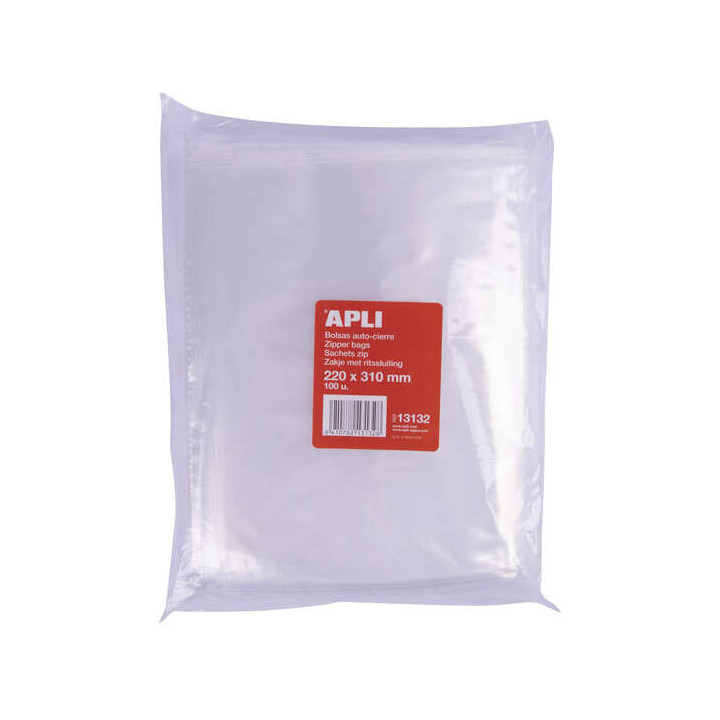 Apli Pack de 100 Bolsas Zip Auto Cierre Transparentes 220x310mm - Material LDPE - Cierre Seguro y Facil Manipulacion - Aptas pa