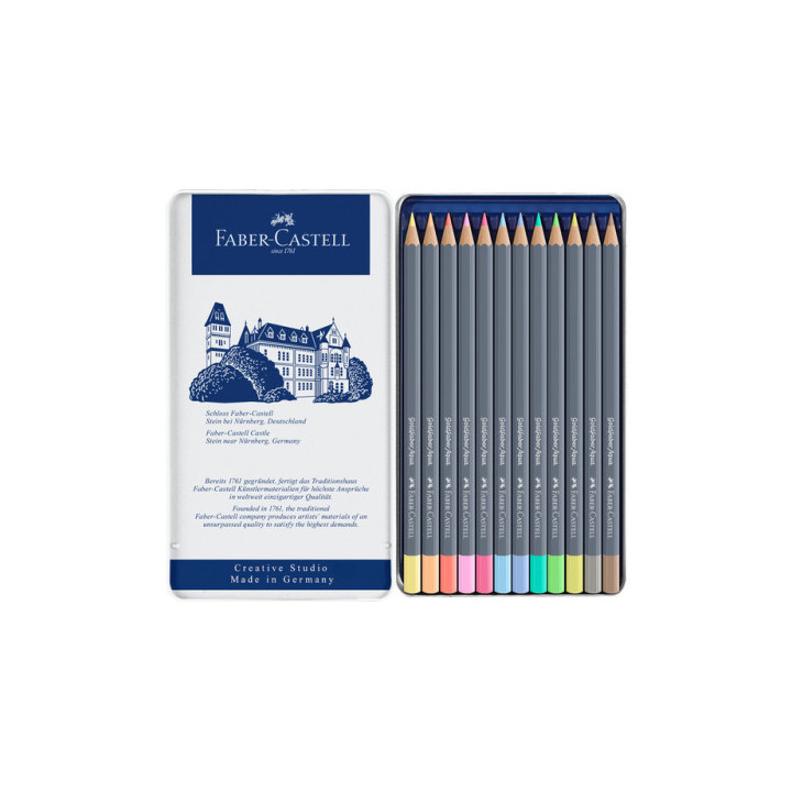 Estuche metálico con 12 lápices de colores pastel acuarelables goldfaber. faber castell 114622