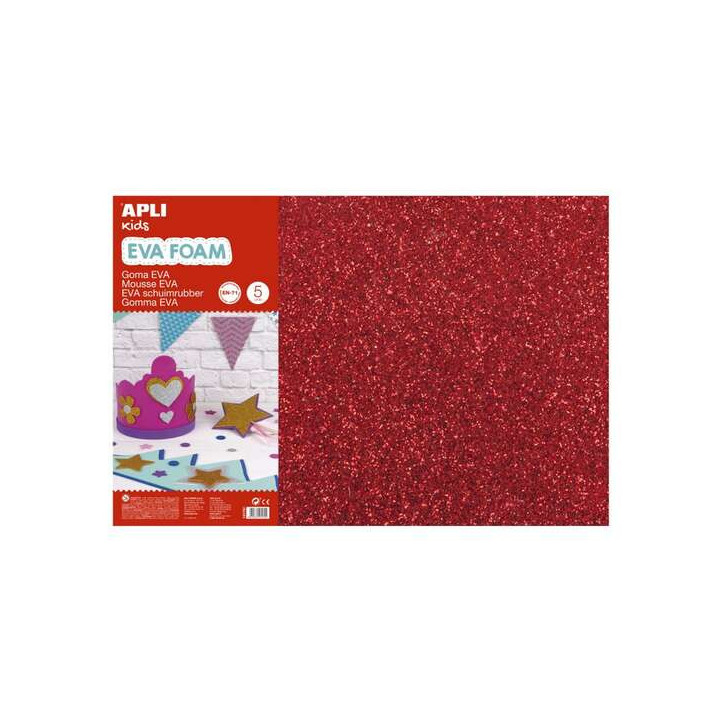 Apli Pack de 3 Goma Eva Purpurina 600 x 400 mm - Grosor 2 mm - Impermeable - Moldeable al Calor - Color Rojo