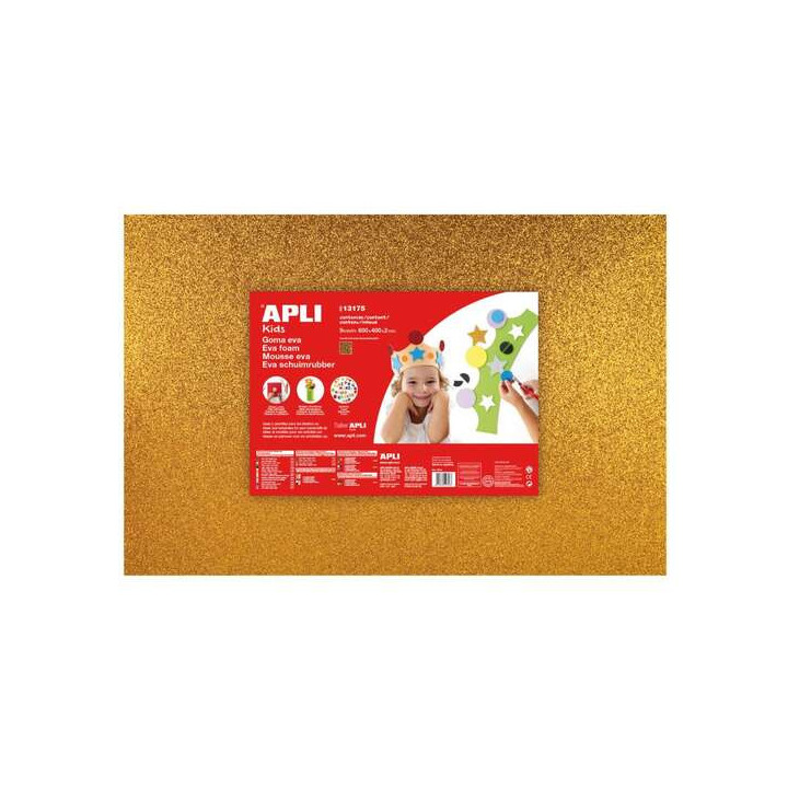 Apli Pack de 3 Goma Eva Purpurina Oro 600 x 400 mm - Grosor 2 mm - Impermeable - Moldeable al Calor - Color Oro