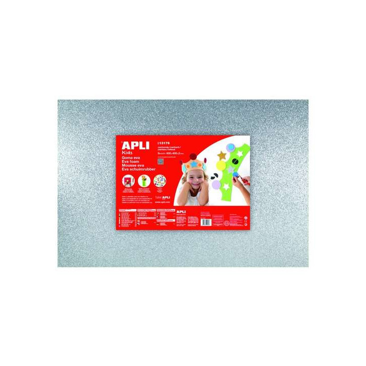 Apli Pack de 3 Goma Eva Purpurina Plata 600 x 400 mm - Grosor 2 mm - Impermeable - Moldeable al Calor - Color Plata
