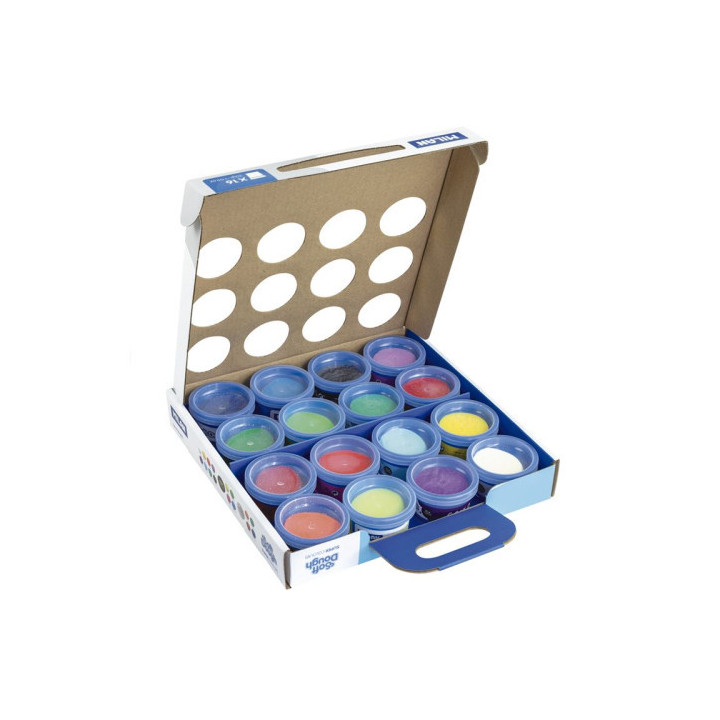Maletín 16 botes pasta blanda soft dough de 30gr colores surtidos (incluye neón y glitter) milan 913316sc