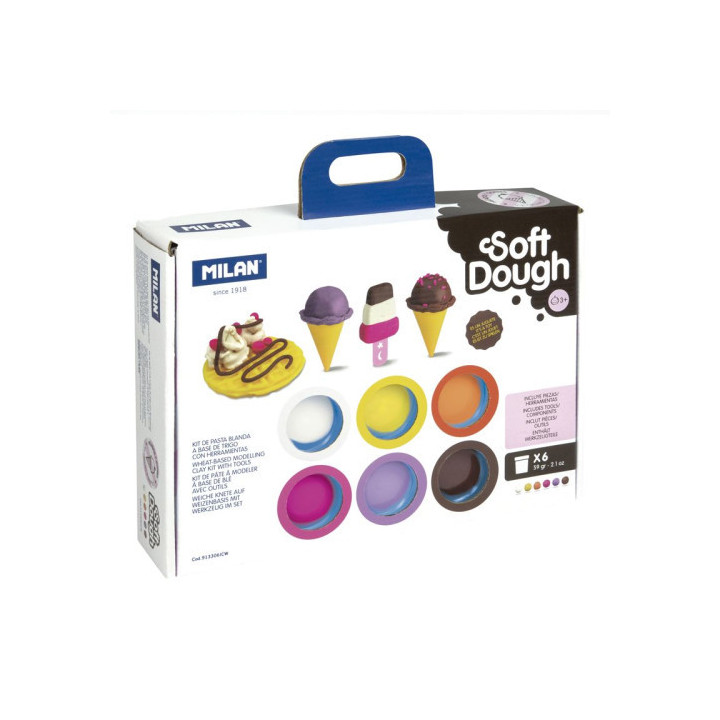Maletín 6 botes pasta blanda soft dough de 59gr + herramientas "helados y gofres" milan 913306icw
