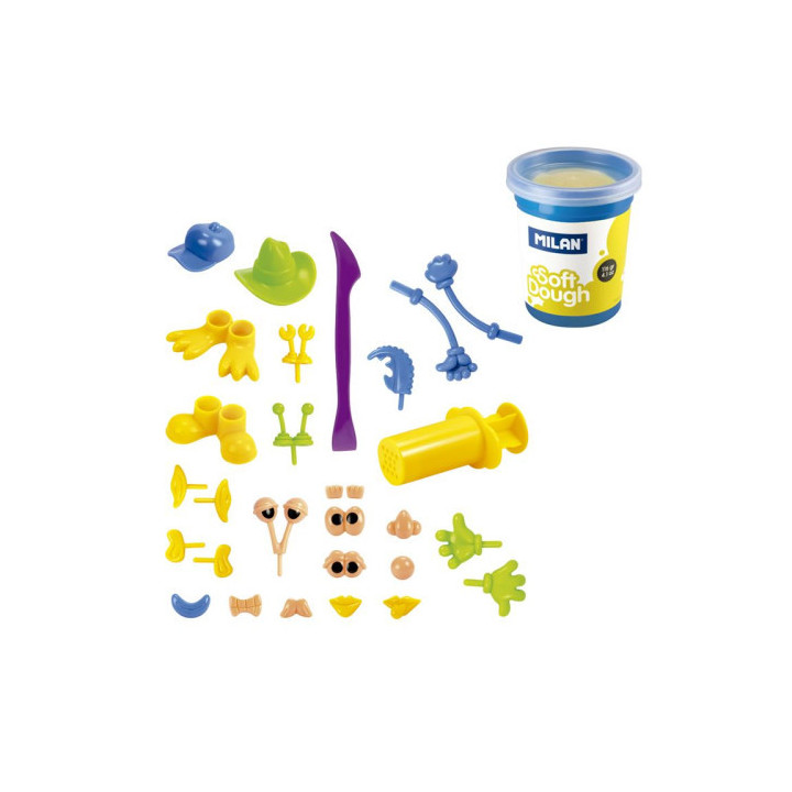 Maletín 4 botes pasta blanda soft dough de 116gr + herramientas "caras divertidas" milan 913304hf