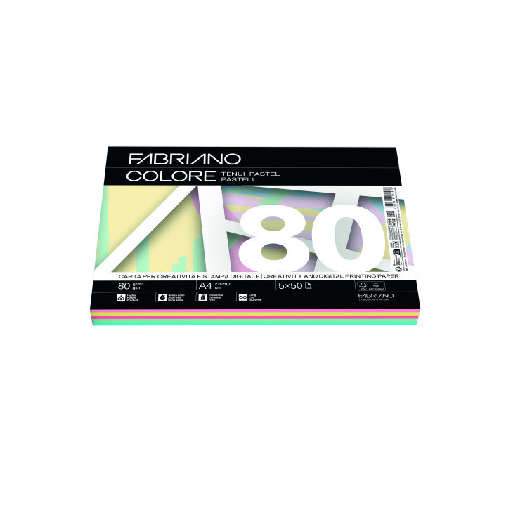 Paquete 250 hojas a4 80g colores surtidos pastel (50 hojas x color) fabriano f19100811