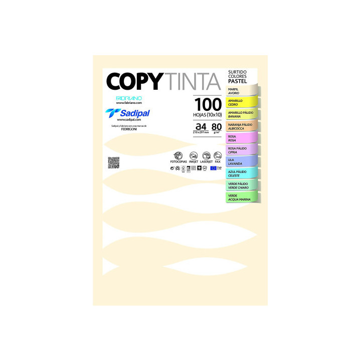Paquete 100 hojas a4 80g colores surtidos pastel (10 hojas x color) fabriano 11302