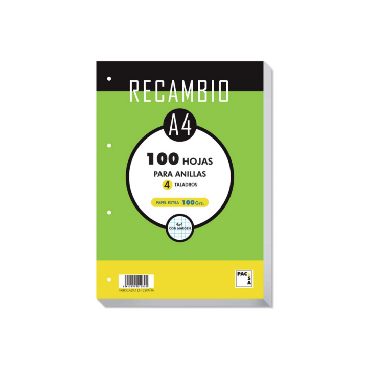 Recambio 100 grs . 4 taladros din-a4 100 hojas cuadrícula 4x4 con margen pacsa 21050