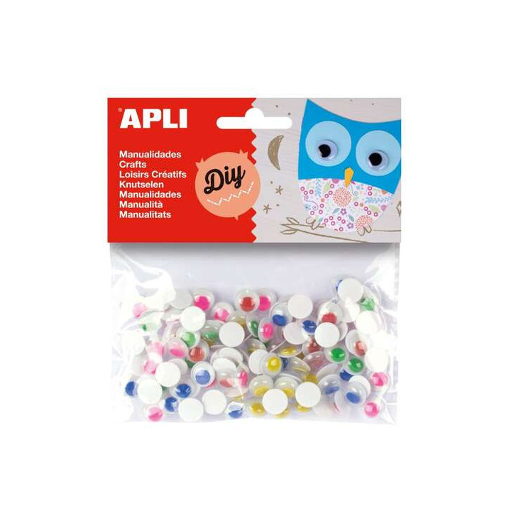Apli Pack de 100 Ojos Moviles Redondos Adhesivos - Medidas Surtidas Ø 10 mm - Colores Surtidos