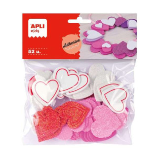 Apli Pack de 52 Corazones Adhesivos de Goma Eva con Acabado Purpurina - Medidas y Diseños Surtidos - Material Suave y Seguro -
