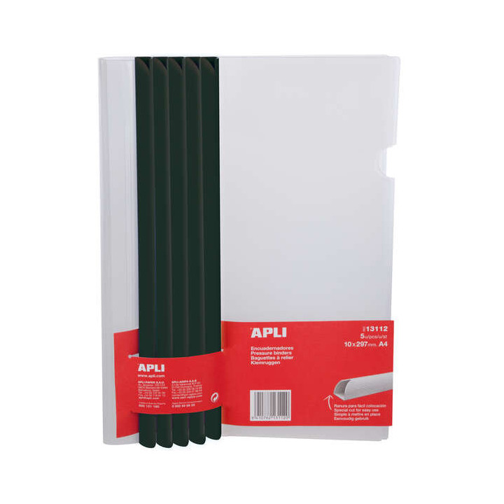 Apli Pack de 5 Encuadernadores Deslizantes 10 x 297mm con Funda Transparente - Ranura para Facil Insercion de Hojas - Capacidad