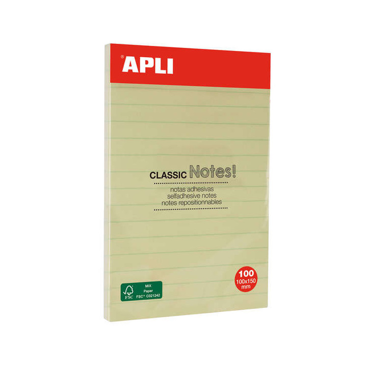Apli Notas Adhesivas Classic con Lineas 100x150mm - Bloc de 100 Hojas - Adhesivo de Alta Calidad - Facil de Despegar - Amarillo