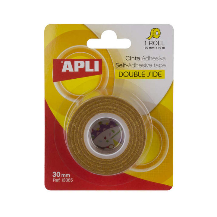 Apli Cinta Adhesiva Doble Cara 30mm x 10m - Facil de Cortar y Aplicar - Adhesion Fuerte y Duradera - Transparente