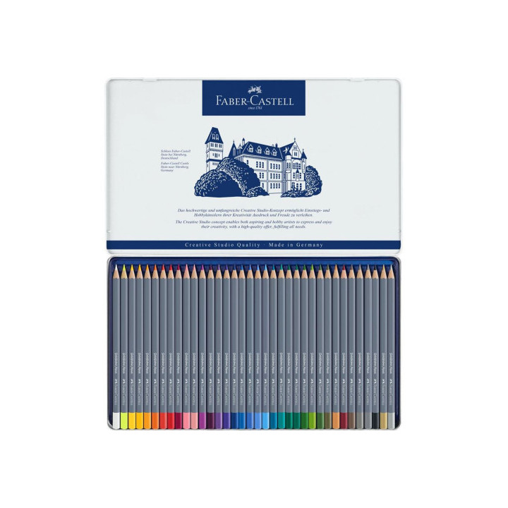 Estuche de metal con 36 lápices de colores acuarelables goldfaber. faber castell 114636