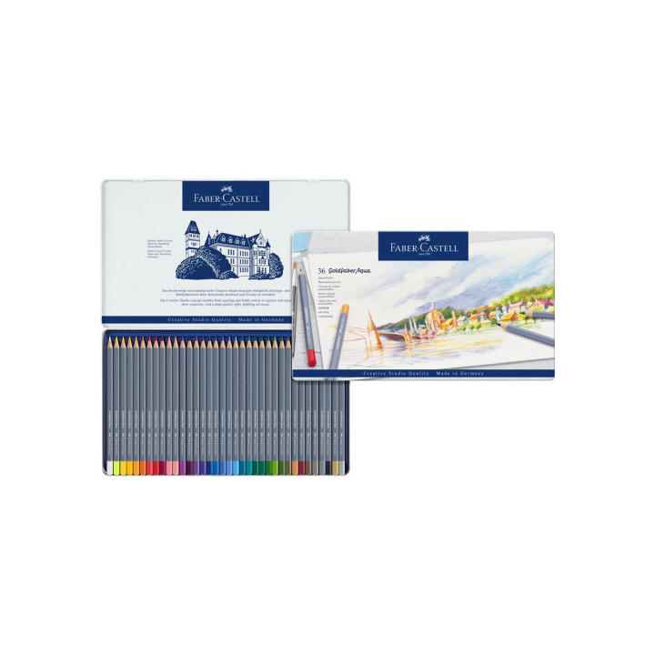 Estuche de metal con 36 lápices de colores acuarelables goldfaber. faber castell 114636