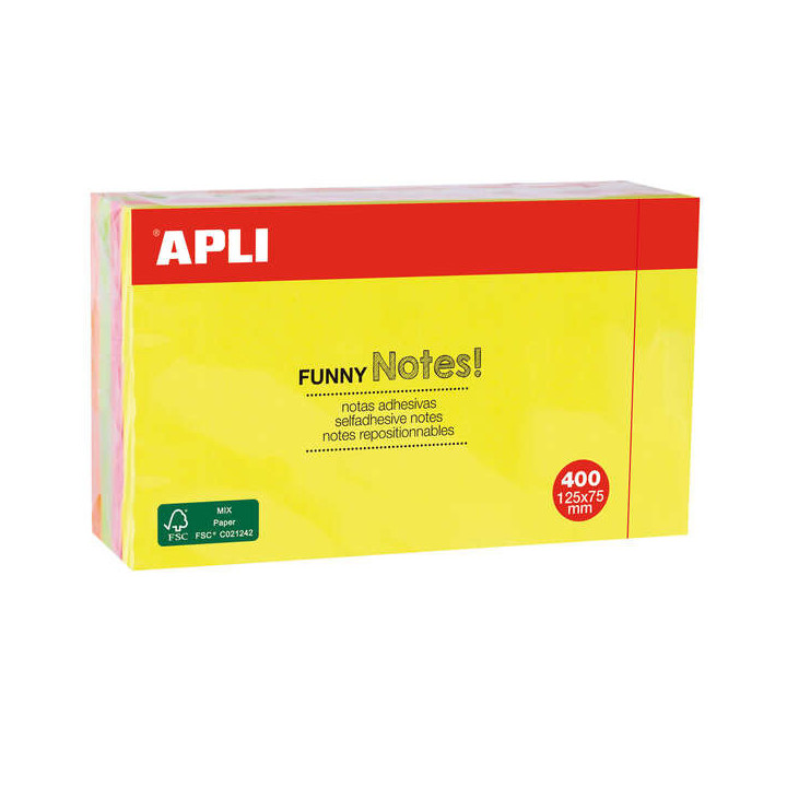 Apli Notas Adhesivas Funny 125x75mm - Bloc de 400 Hojas - 4 Colores Surtidos - Fluorescente