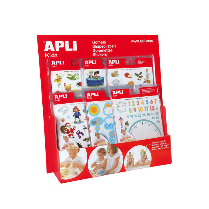 Apli Expositor Gomets Tematicos - Tamaño Mostrador - 60 Bolsas Incluidas - Temas Variados - Colorido