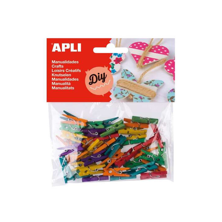Apli Pack de 45 Mini Pinzas de Madera Natural 25 x 3 mm - Colores Surtidos