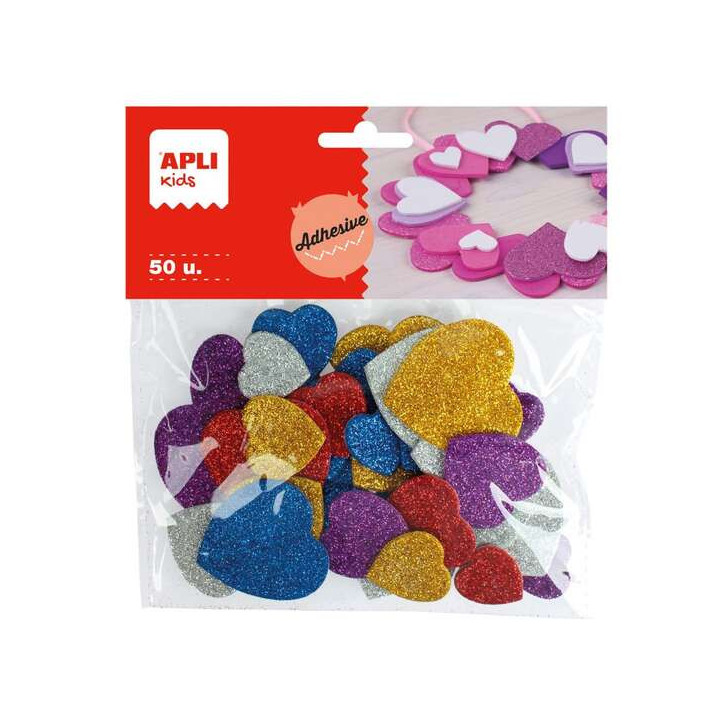 Apli Formas de Corazones Adhesivas de Goma Eva - 50 Formas - Medidas Surtidas - Material Suave y Seguro - Colores Surtidos Purp