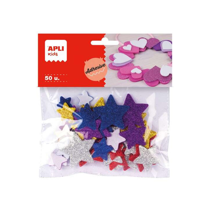 Apli Formas de Estrellas Adhesivas de Goma Eva - 50 Formas - Medidas Surtidas - Material Suave y Seguro - Colores Surtidos Purp