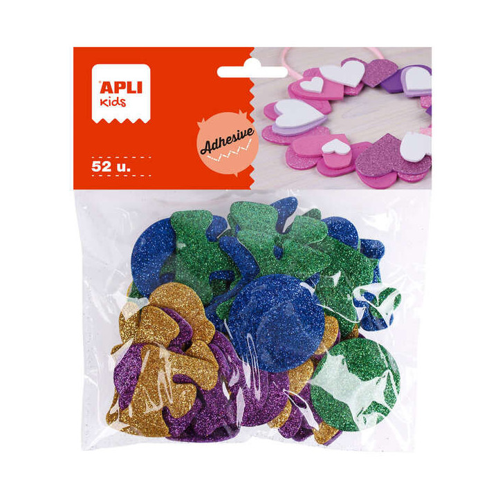 Apli Formas Goma Eva Adhesivas Letras Purpurina Metalizada 52 U - Decoracion con Brillo - Faciles de Pegar - Variedad de Formas