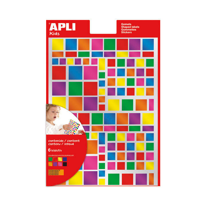 Apli Pack de 732 Gomets Cuadrados - Adhesivo Removible - Acabado Metalizado - Ideales para Escuelas Infantiles - Desarrollo de