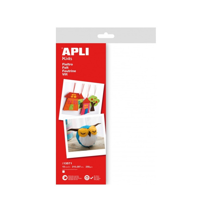 Apli Pack de 10 Hojas de Fieltro A4 - 40% Lana Natural - Grosor 250gr - Resistente y Suave - Facil de Marcar