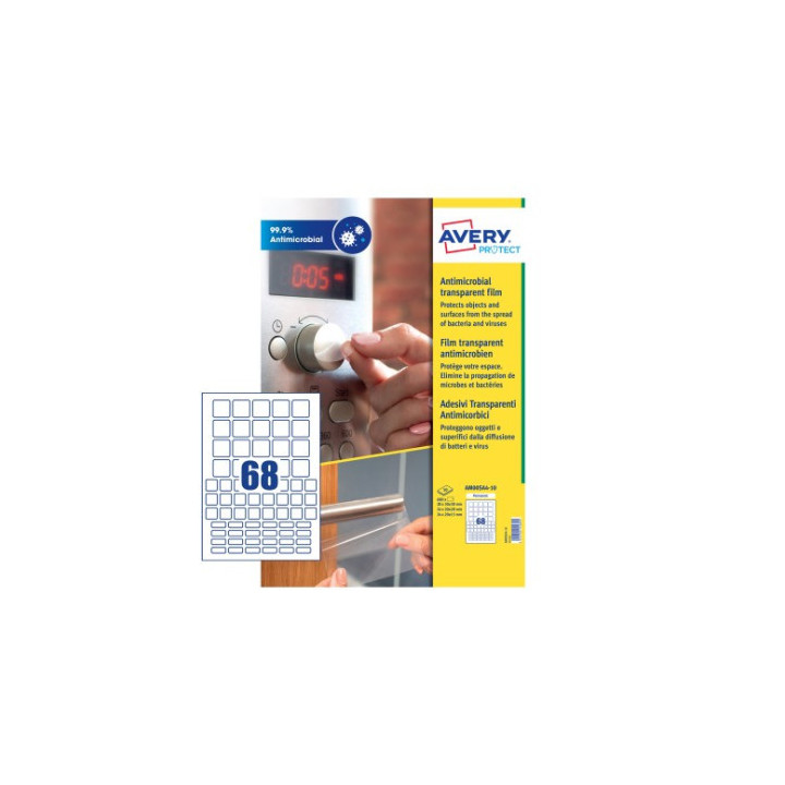 Caja de 10 hojas (68 etiquetas x hoja) adhesivas antibacterianas y antimicrobianas poliéster transparente cuadradas mixtas