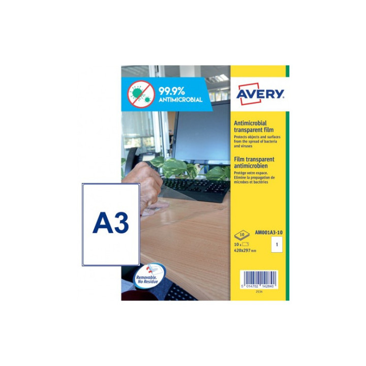 Caja de 10 hojas (1 etiquetas x hoja) adhesivas antibacterianas y antimicrobianas poliéster transparente tamaño a3 (400x277...