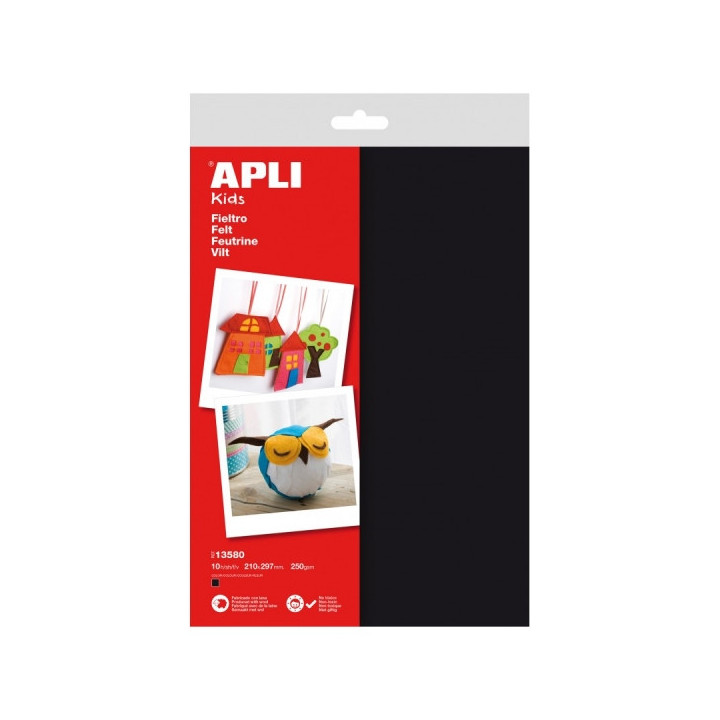 Apli Pack de 10 Hojas de Fieltro A4 - 40% Lana Natural - Grosor 250gr - Resistente y Suave - Facil de Cortar y Pegar - Color Ne