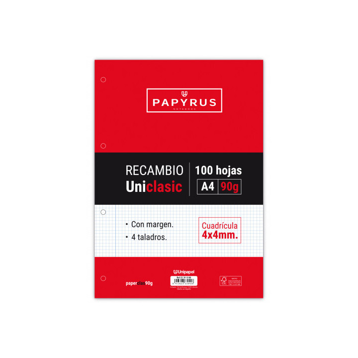 Recambio paquete 100 hojas a4 uniclasic 90 gr. 4x4 con margen papyrus 53391000