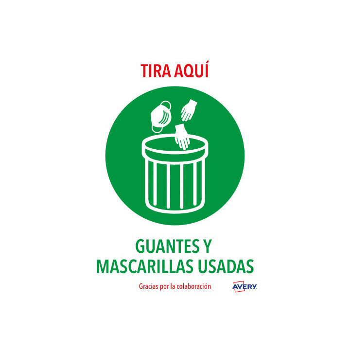 Señales adhesivos preimpreso  "tira aquí guantes y mascarillas usadas" sobre de 2 hojas en a4 avery av_kitcovid7_es