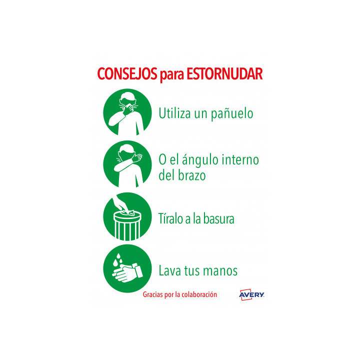 Señales adhesivos preimpreso  "consejo para estornudar" sobre de 2 hojas en a4 avery av_kitcovid5_es