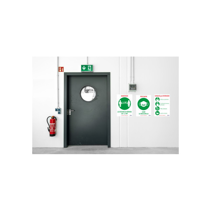 Señales adhesivos preimpreso  "mantener disntacia minima de 1,5 mt" sobre de 2 hojas en a4 avery av_kitcovid4_es