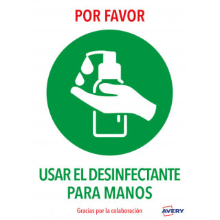 Señales adhesivos preimpreso  "usar desinfectante para las manos" sobre de 2 hojas en a4 avery av_kitcovid3_es
