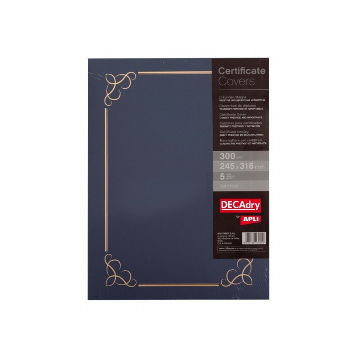 Apli Pack de 5 Carpetas para Certificados y Diplomas - 300gr - Borde Estampado - Pestañas Interiores - Color Azul