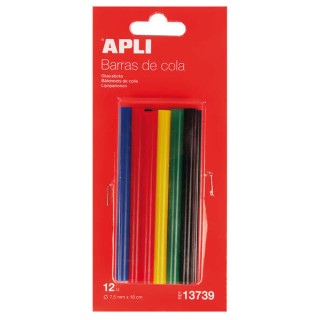 Apli Pack de 12 Barras Termofusibles de Colores Surtidos Ø7.5mmx10cm - Adhesion Instantanea en Multiples Superficies - No Gote