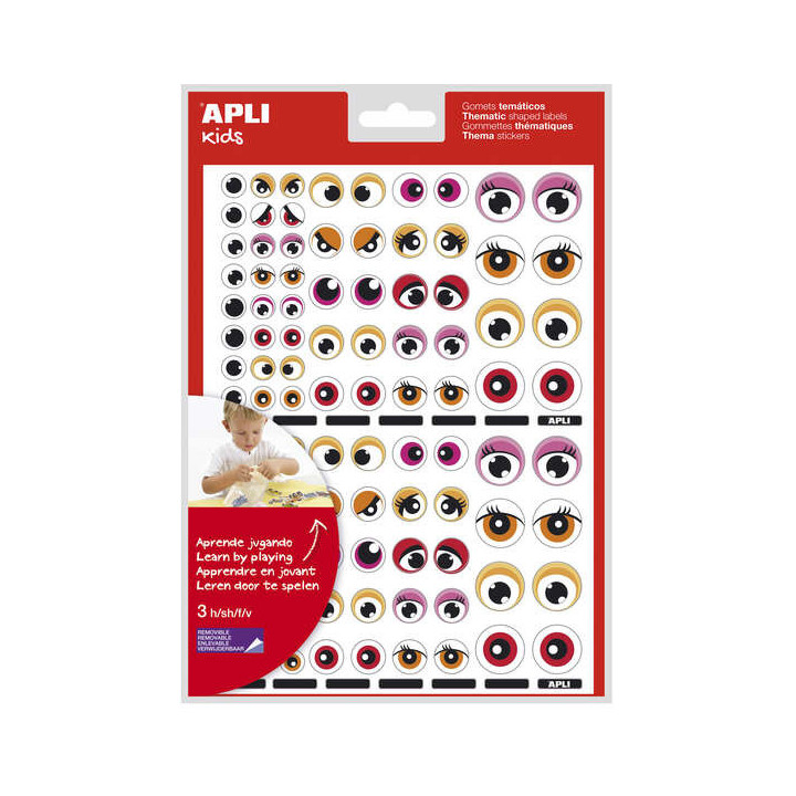 Apli Bolsa de 312 Gomets Tematicos con Ojos - Adhesivo Removible - Desarrolla Habilidades Motoras - Identifica Emociones - Colo