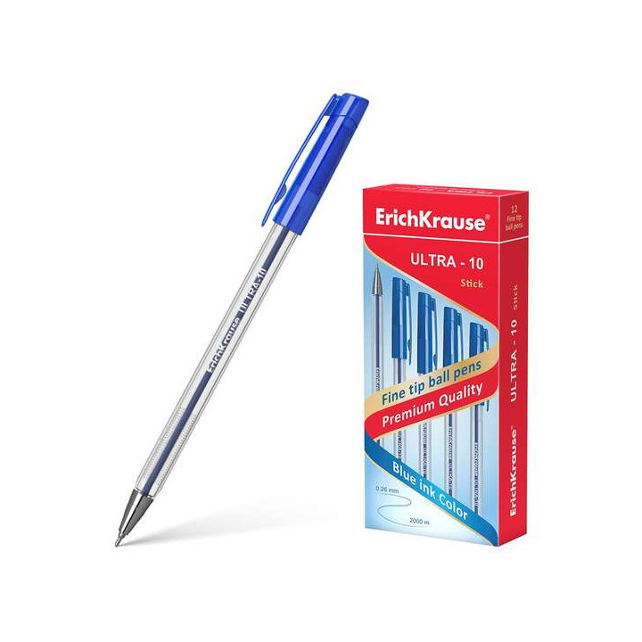 Erichkrause Boligrafo Ultra-10 - Punta Metalica de Tipo Aguja - Cuerpo Hexagonal Transparente - Tinta de Baja Viscosidad - Colo